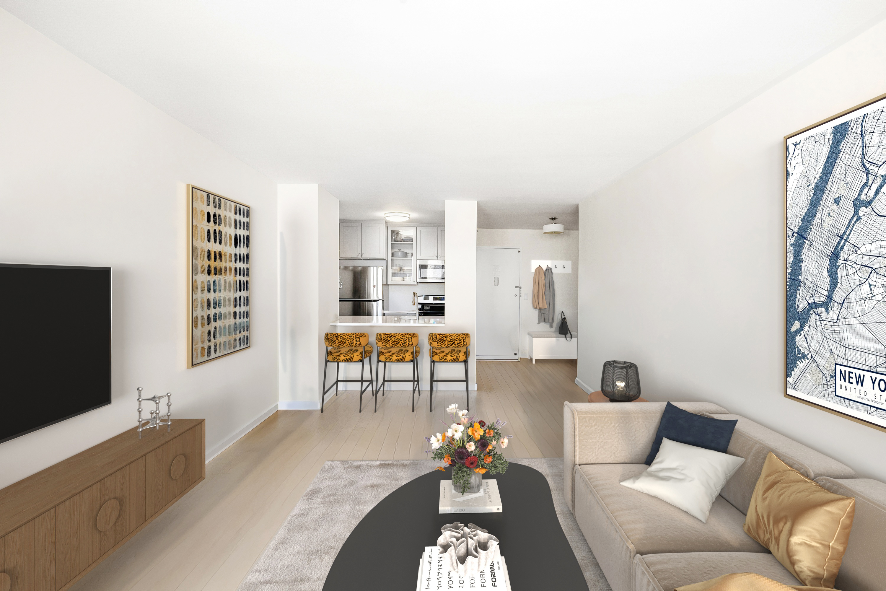 61 West 62nd Street, Unit 17L Manhattan, NY 10023 - Photo 3 of 10 a living room with furniture and a flat screen tv