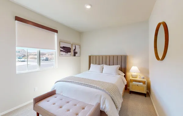 a bedroom with a bed and a window