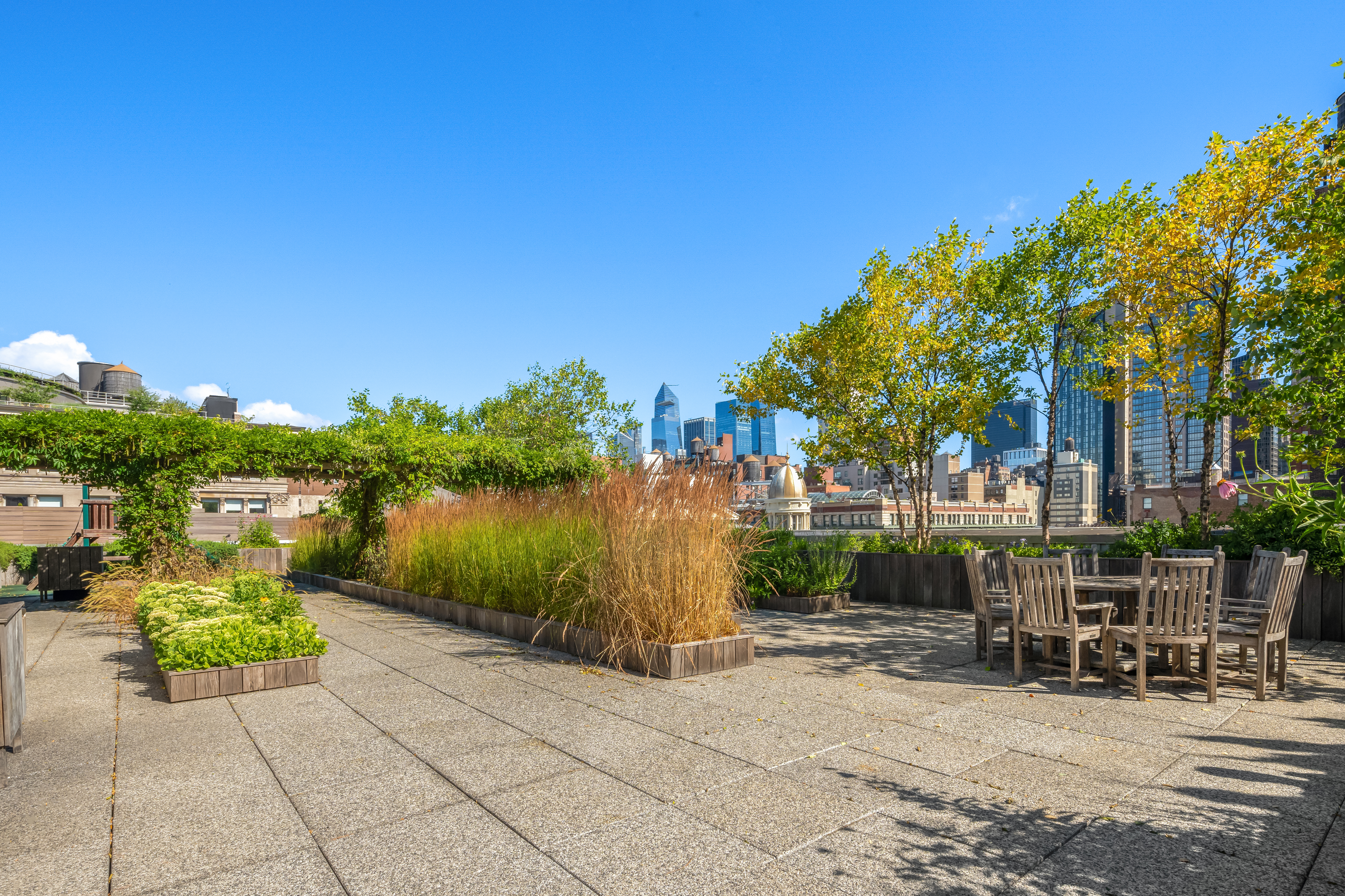 60 West 20th Street, Unit 4E Manhattan, NY 10011 - Photo 13 of 16 a view of a patio with a table and chairs under an umbrella with large trees