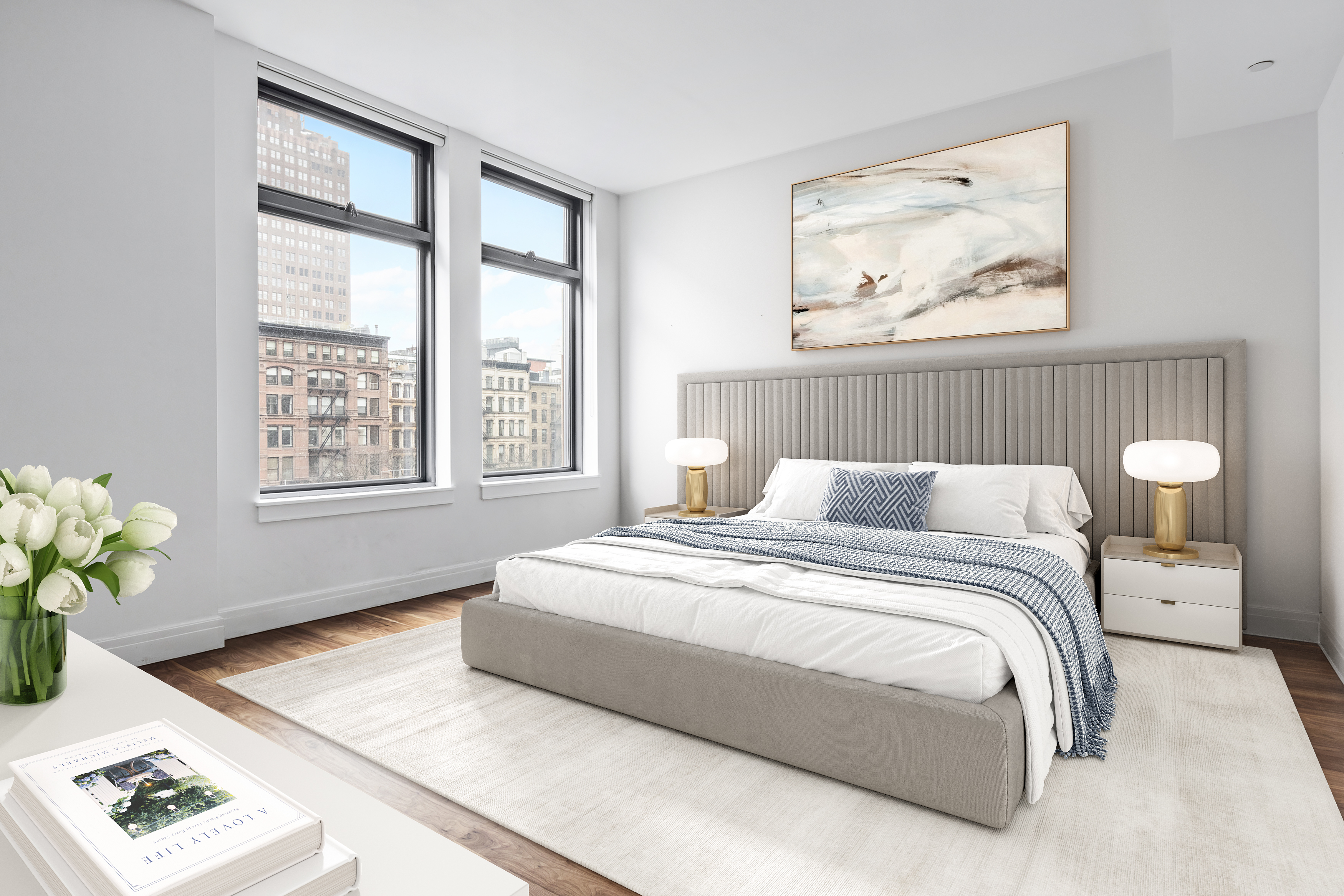 34 Leonard Street, Unit 7A Manhattan, NY 10013 - Photo 5 of 17 a bedroom with a bed and a window with wooden floor