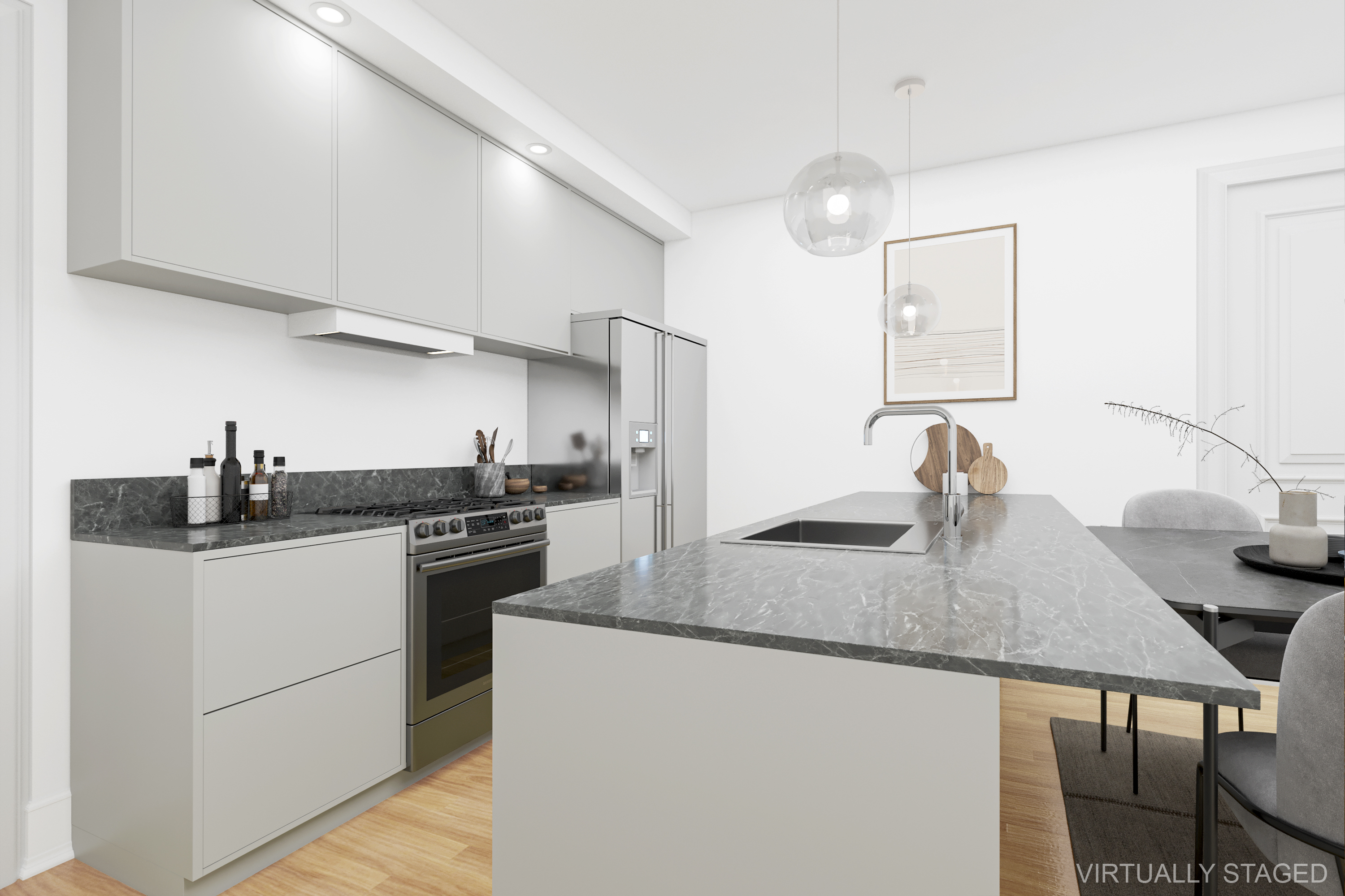 110 Livingston Street, Unit 8A Brooklyn, NY 11201 - Photo 2 of 12 a kitchen with stainless steel appliances granite countertop a sink stove and refrigerator