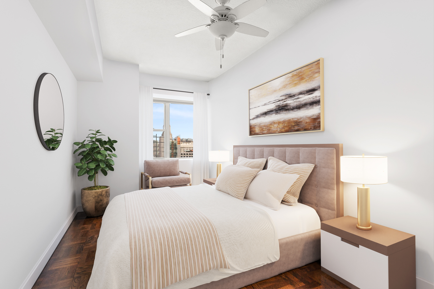 60 East 8th Street, Unit 24J Manhattan, NY 10003 - Photo 6 of 16 a bedroom with bed and a lamp