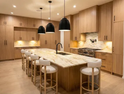 a kitchen with kitchen island granite countertop a sink and a refrigerator