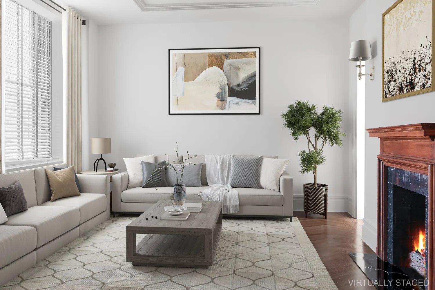 a living room with furniture a couch and a fireplace