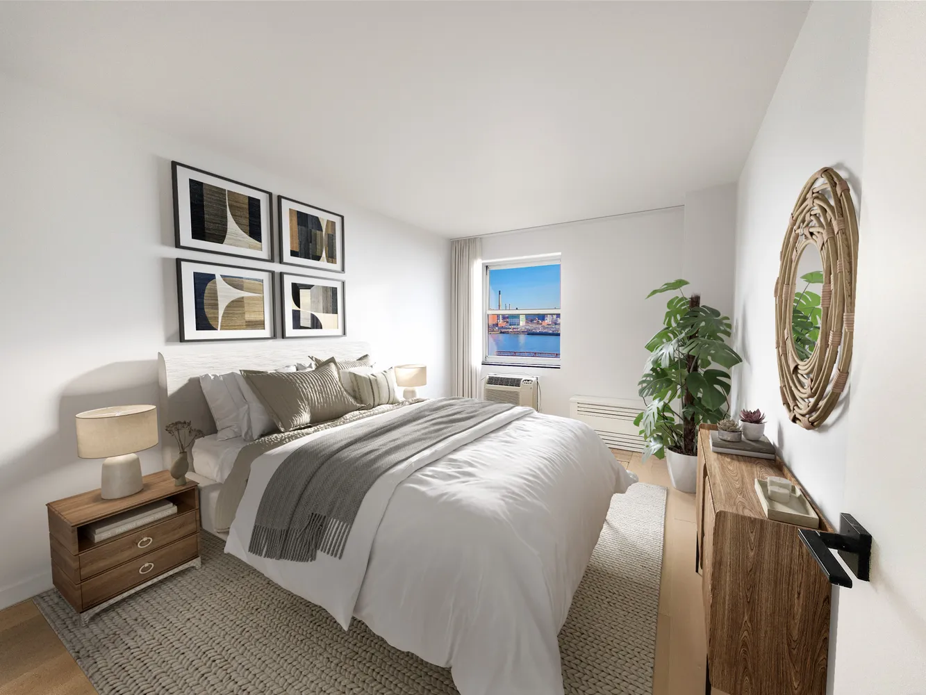 a spacious bedroom with a bed a mirror and windows