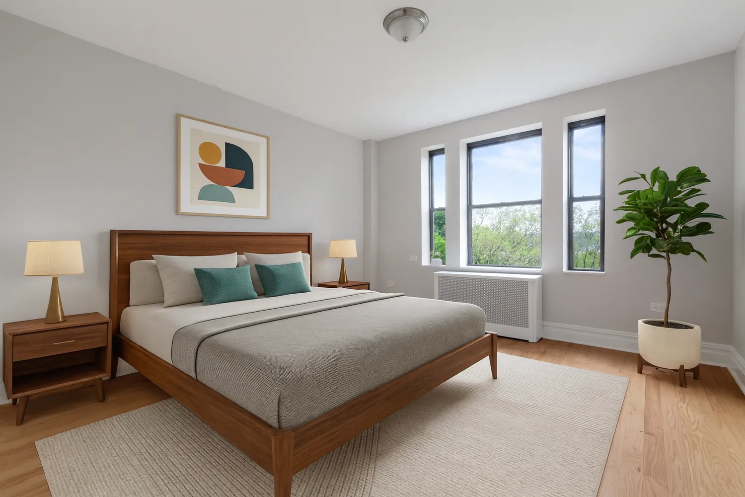 a bedroom with a bed and a potted plant