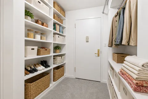 a view of walk in closet with clothes and shoes