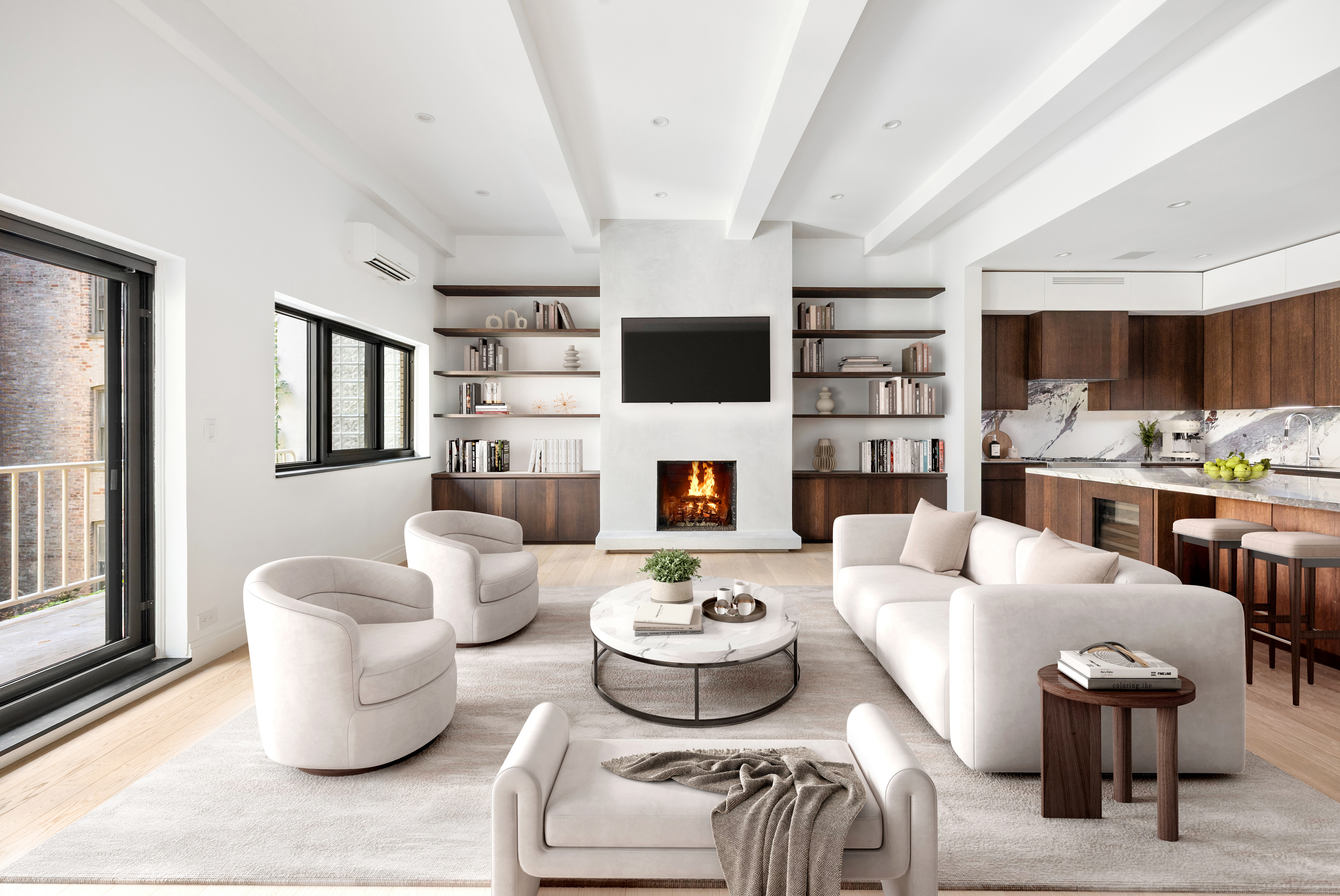 69 Bank Street, Unit 203 Manhattan, NY 10014 - Photo 1 of 23 a living room with furniture fireplace and a flat screen tv