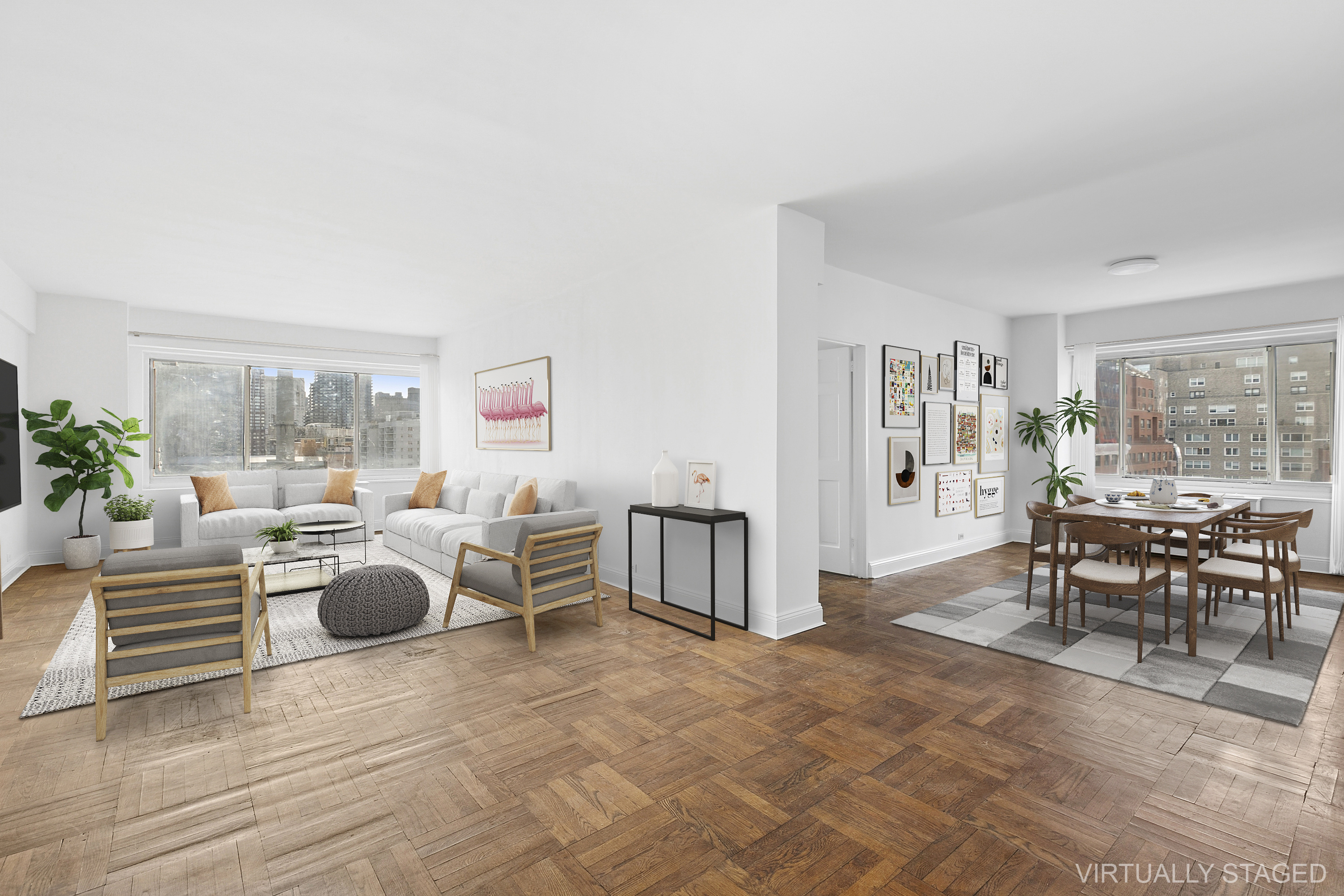 a living room with furniture and a table