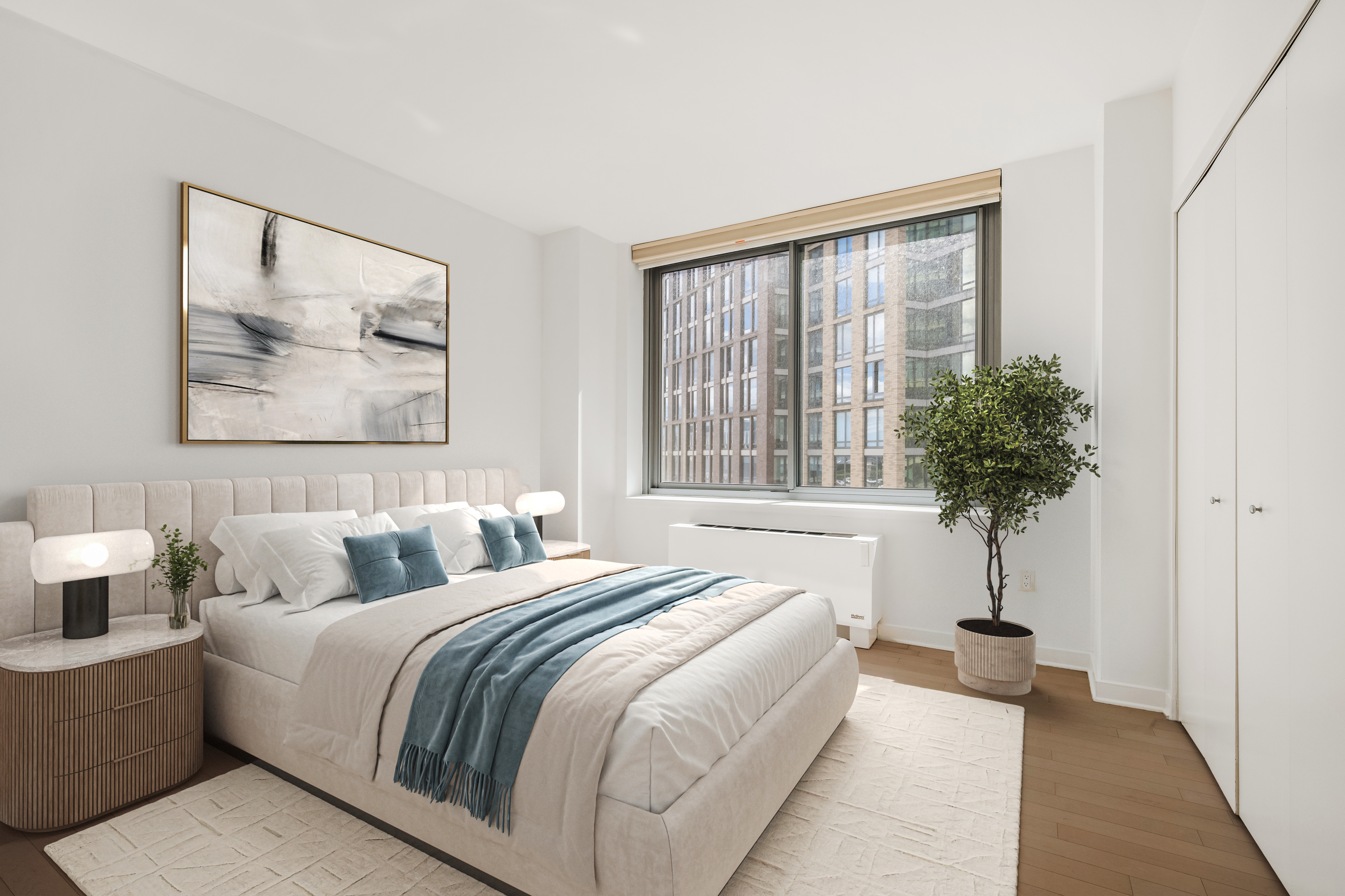 230 Ashland Place, Unit 19D Brooklyn, NY 11217 - Photo 3 of 11 a bedroom with bed and a potted plant