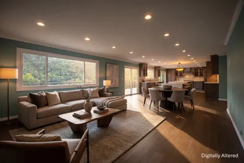 a living room with furniture kitchen and a large window