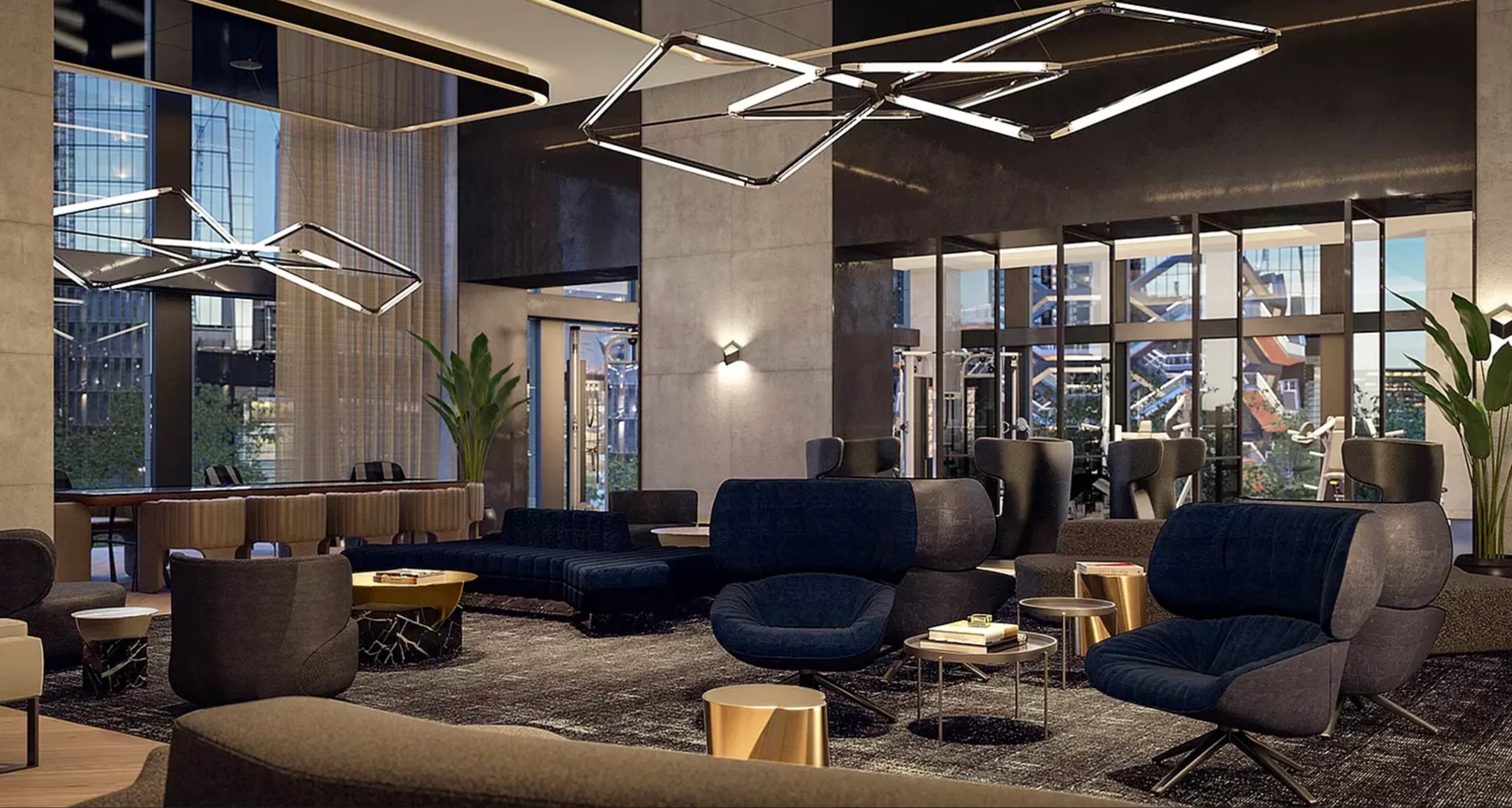 35 Hudson Yards, Unit 6701 Manhattan, NY 10001 - Photo 17 of 23 a living room with furniture and a ceiling fan