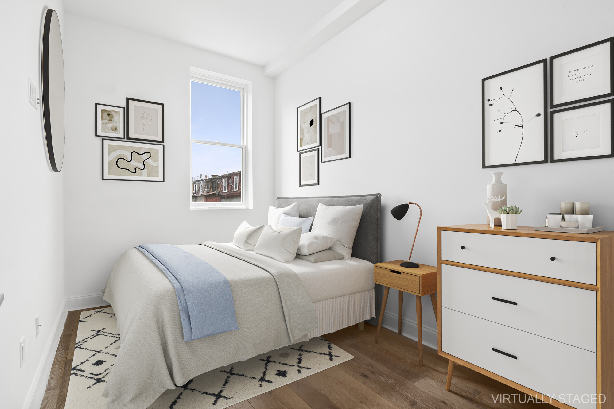 467 Tompkins Avenue, Unit 3A Brooklyn, NY 11216 - Photo 5 of 12 a bedroom with a bed and a lamp on dresser