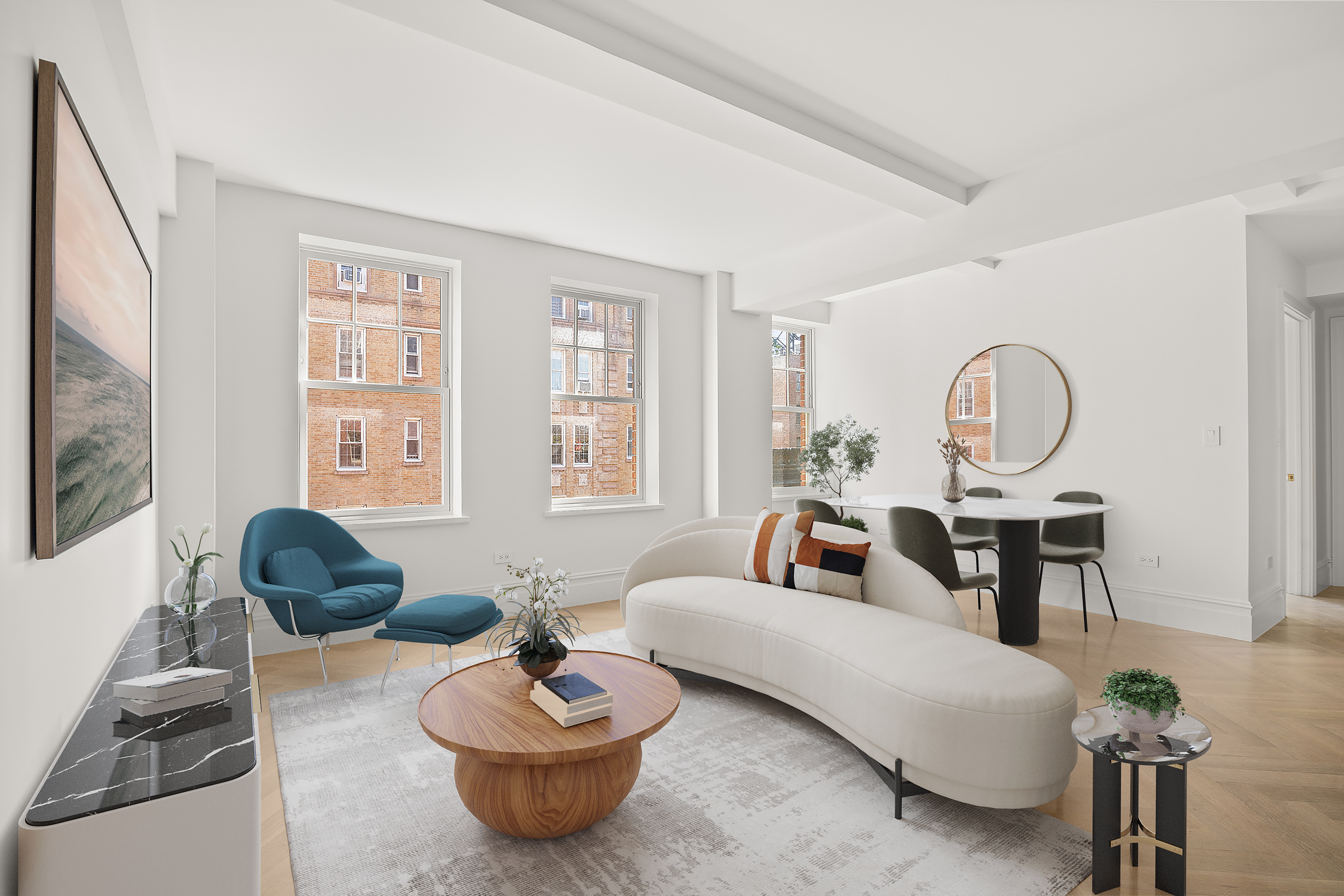 a living room with furniture flowerpot and window