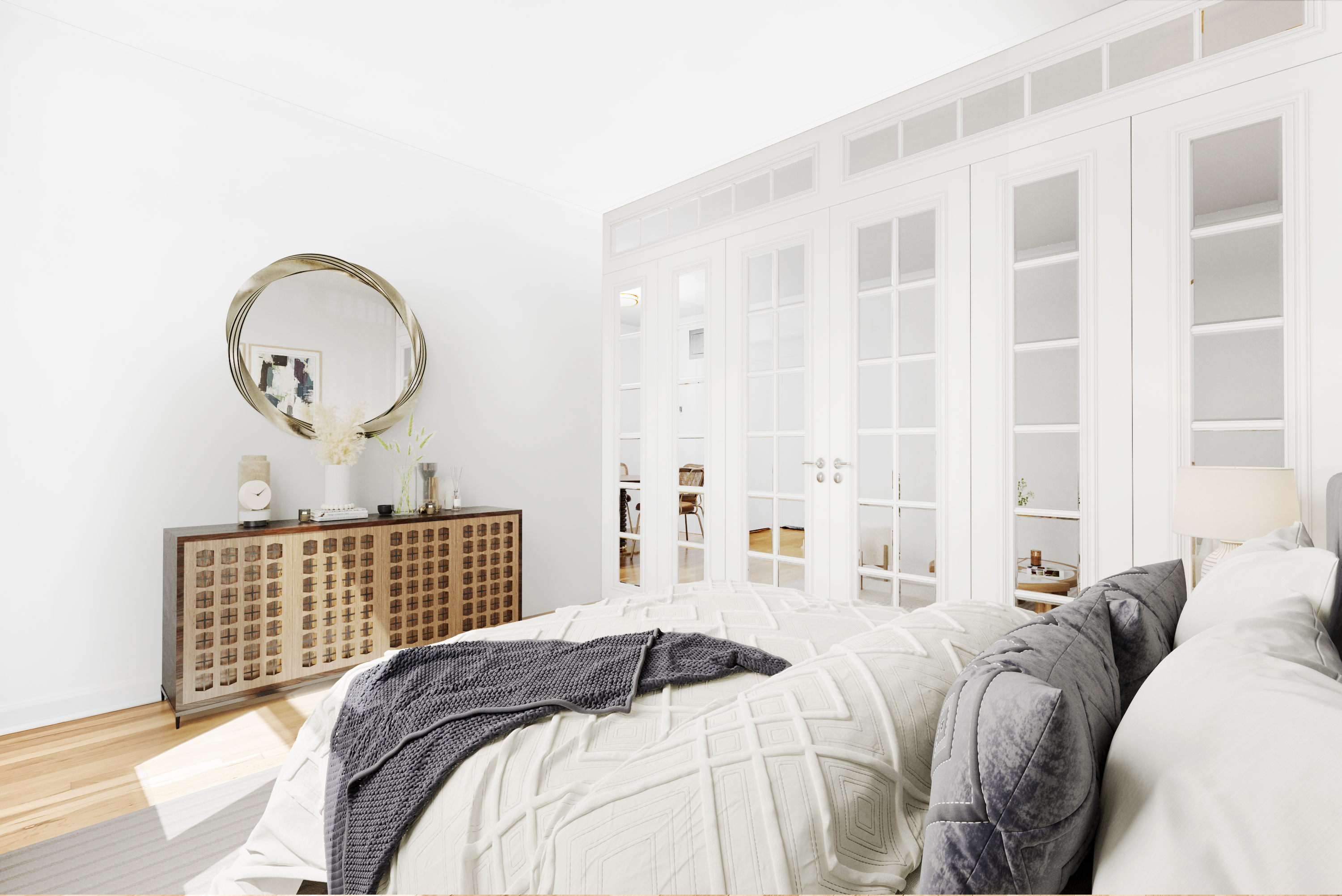 48-21 40th Street, Unit 5H Queens, NY 11104 - Photo 4 of 5 a bedroom with a bed and a chandelier