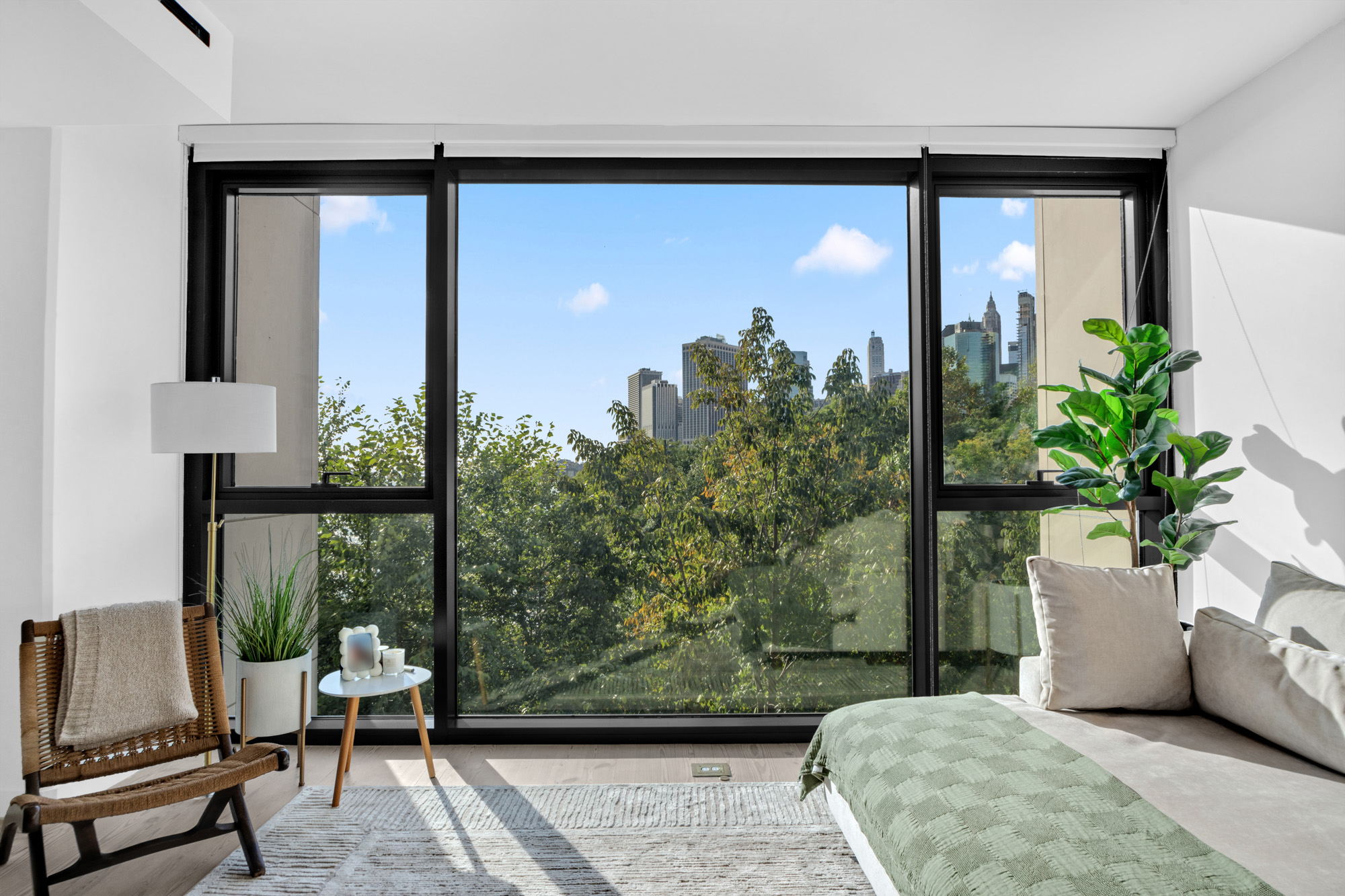 90 Furman Street, Unit N405 Brooklyn, NY 11201 - Photo 6 of 36 a living room with furniture and a potted plant