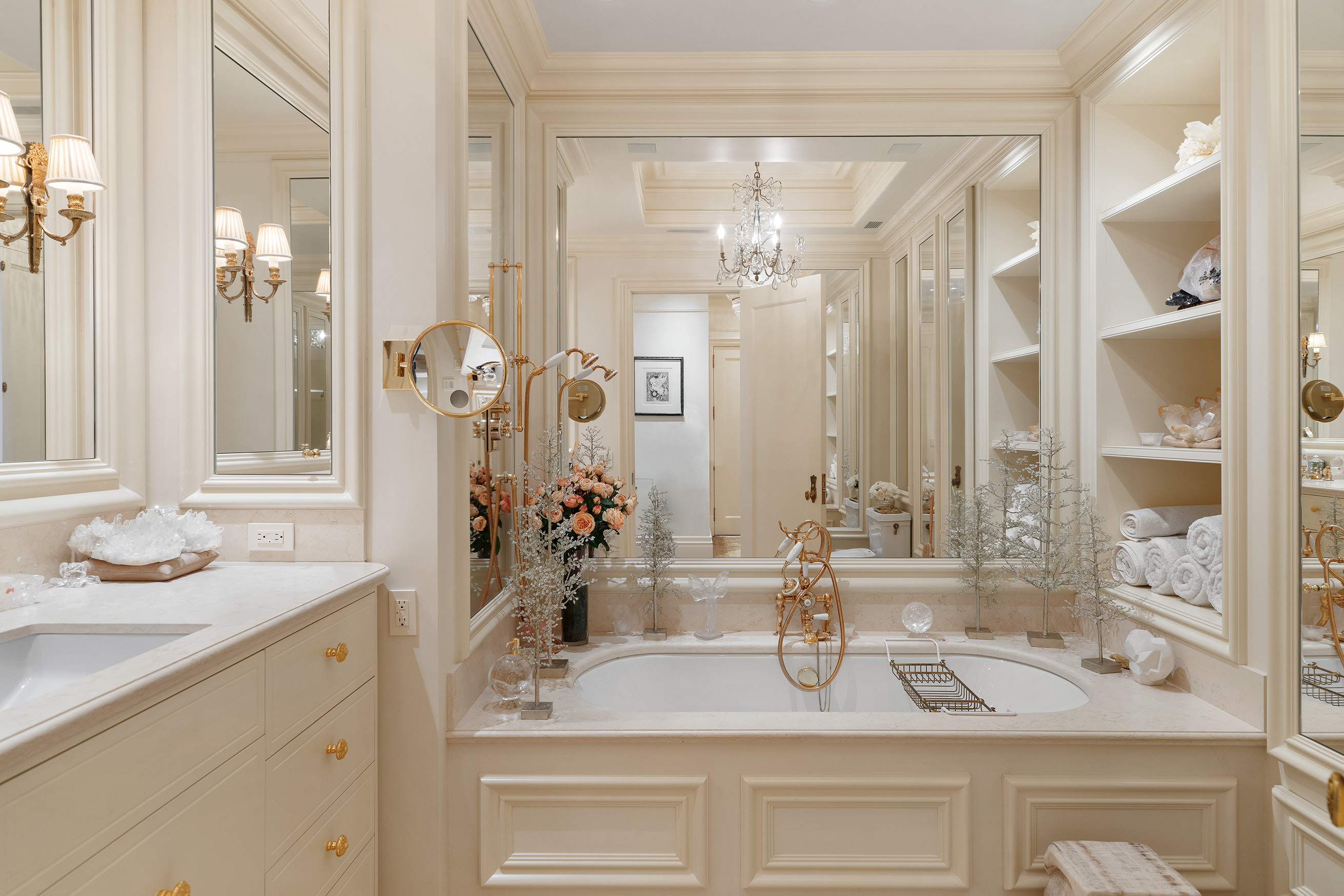 1 Central Park South, Unit 8010203 Manhattan, NY 10019 - Photo 14 of 45 a bathroom with a granite countertop sink and a mirror