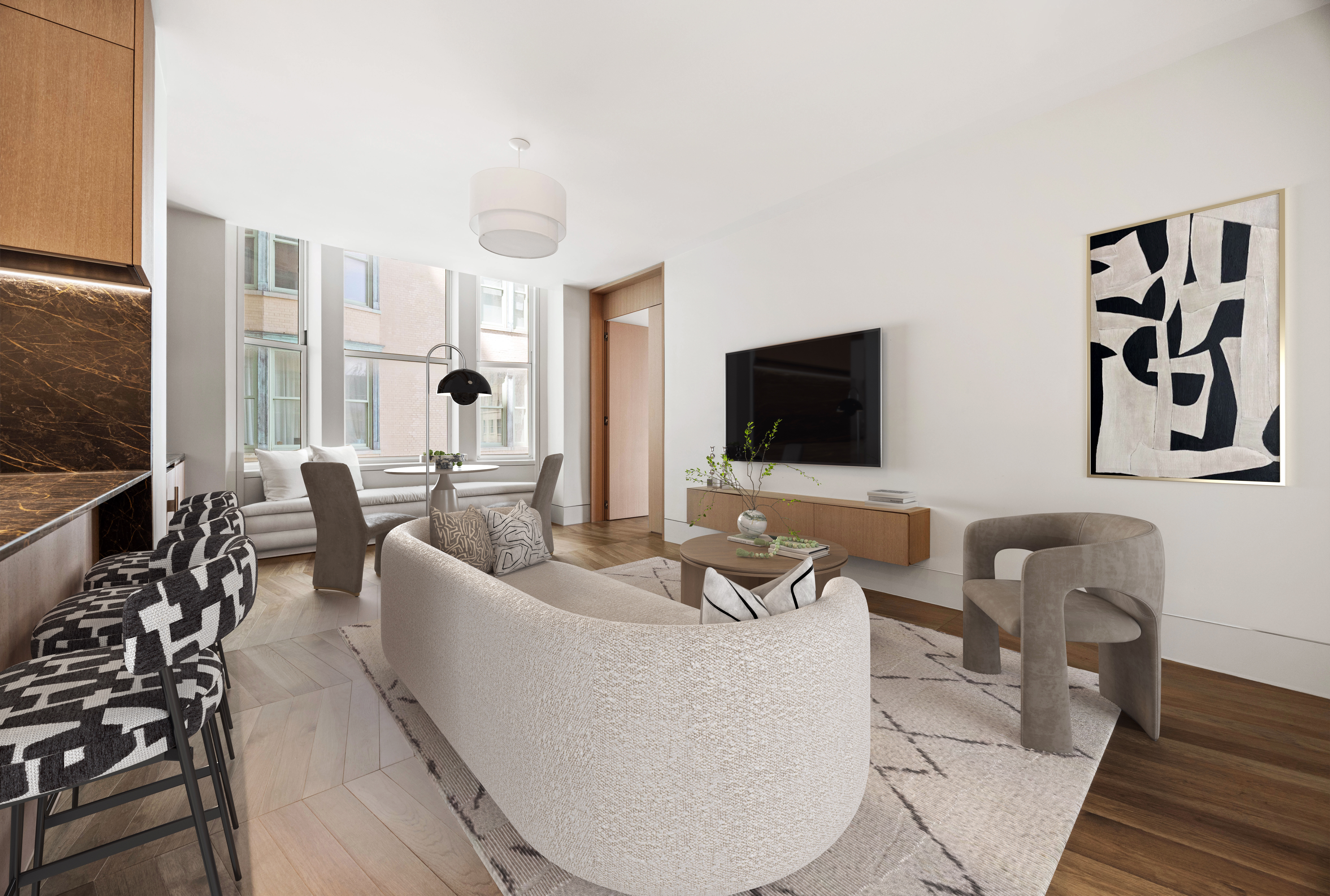 49 Chambers Street, Unit 9G Manhattan, NY 10007 - Photo 3 of 28 a living room with furniture and a flat screen tv