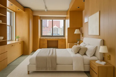 a bedroom with a bed and a window