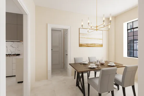 a view of a dining room with furniture