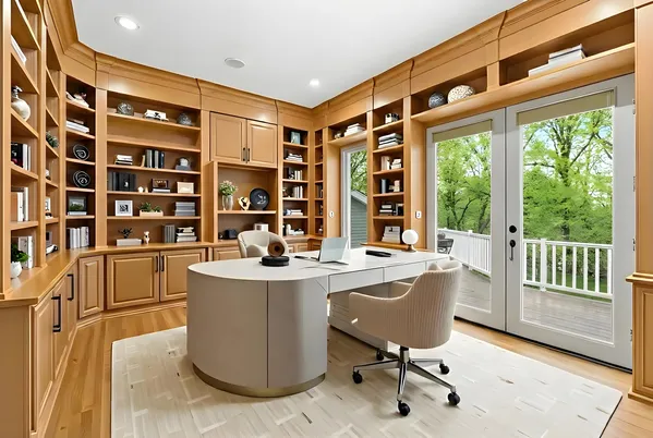 a view of a workspace with furniture and a window