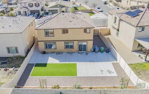 a view of a street with a patio