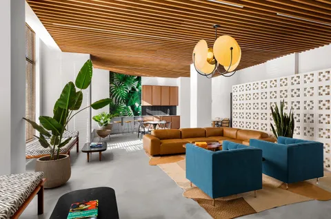 a living room with patio furniture and a potted plant