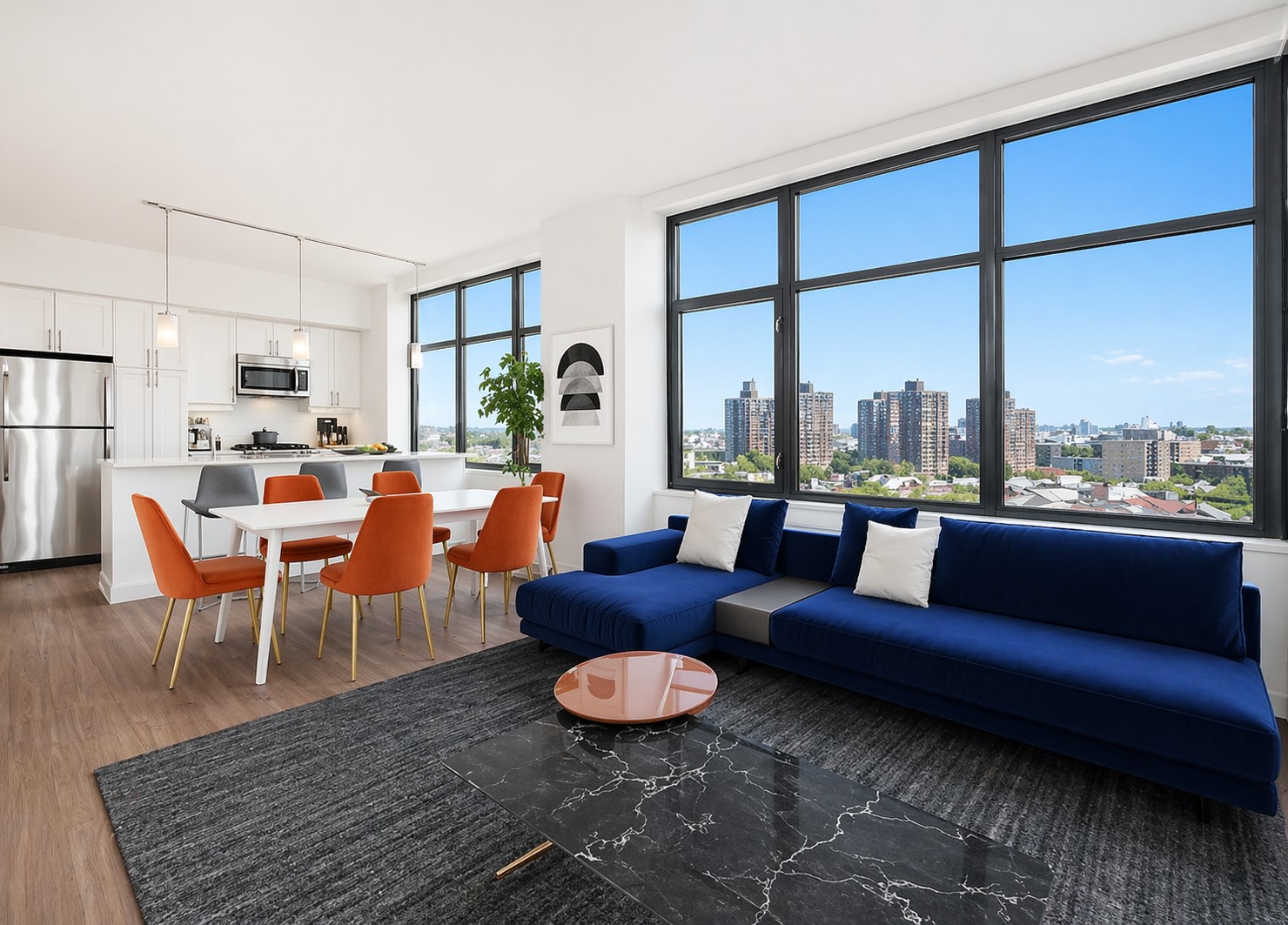 424 Bedford Avenue, Unit 8B Brooklyn, NY 11249 - Photo 1 of 21 a living room with furniture kitchen view and large windows