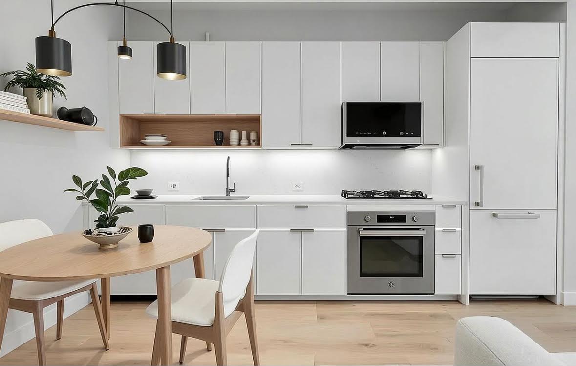 160 Water Street, Unit 3M Manhattan, NY 10038 - Photo 7 of 21 a kitchen with stainless steel appliances a stove a sink and a microwave