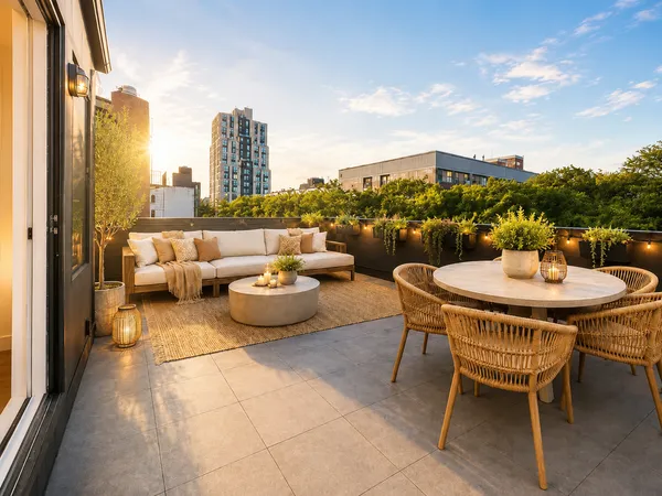 a balcony with a table and chairs