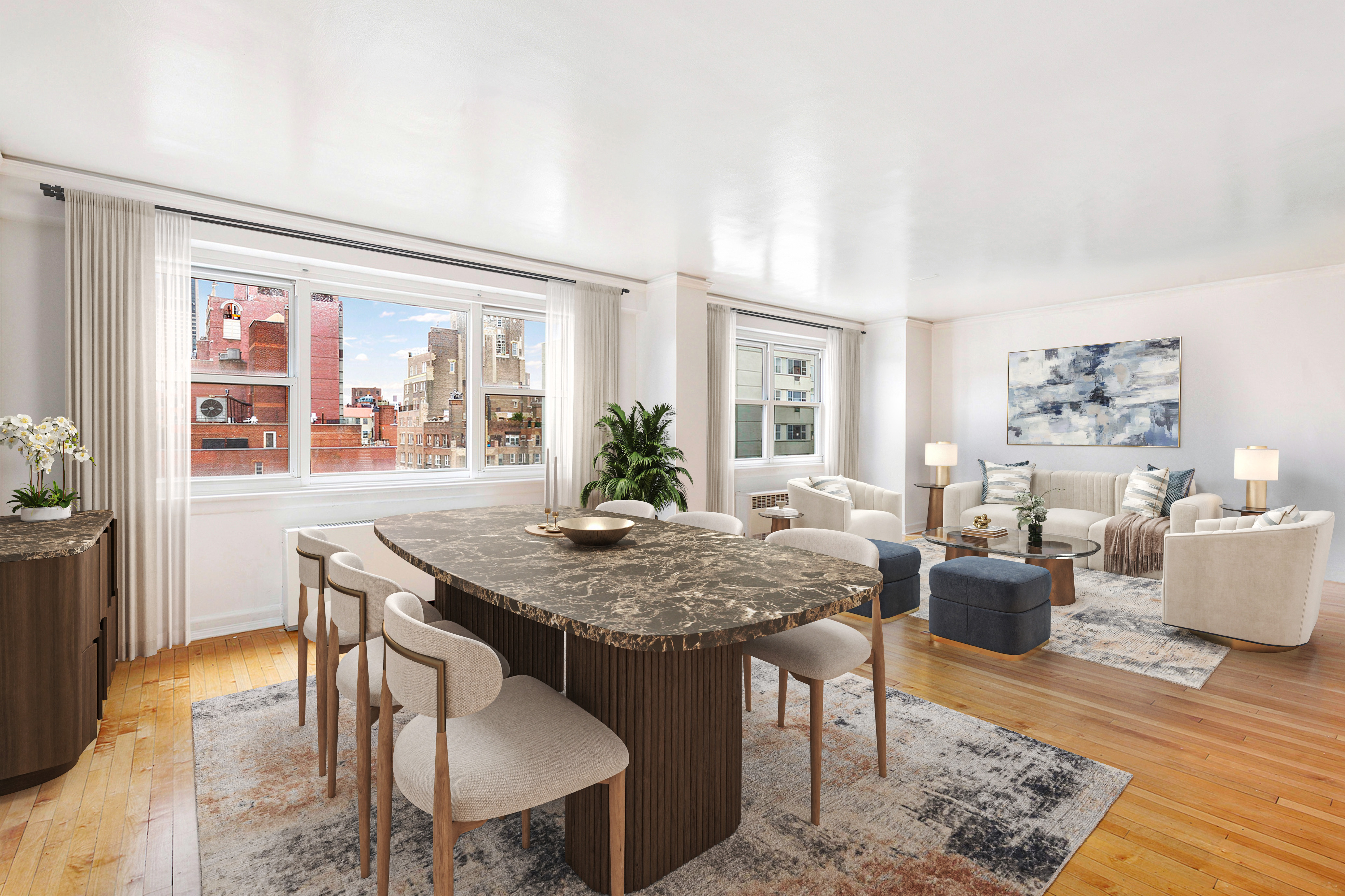 101 West 12th Street, Unit 15JK Manhattan, NY 10011 - Photo 3 of 22 a view of a dining room with furniture window and wooden floor
