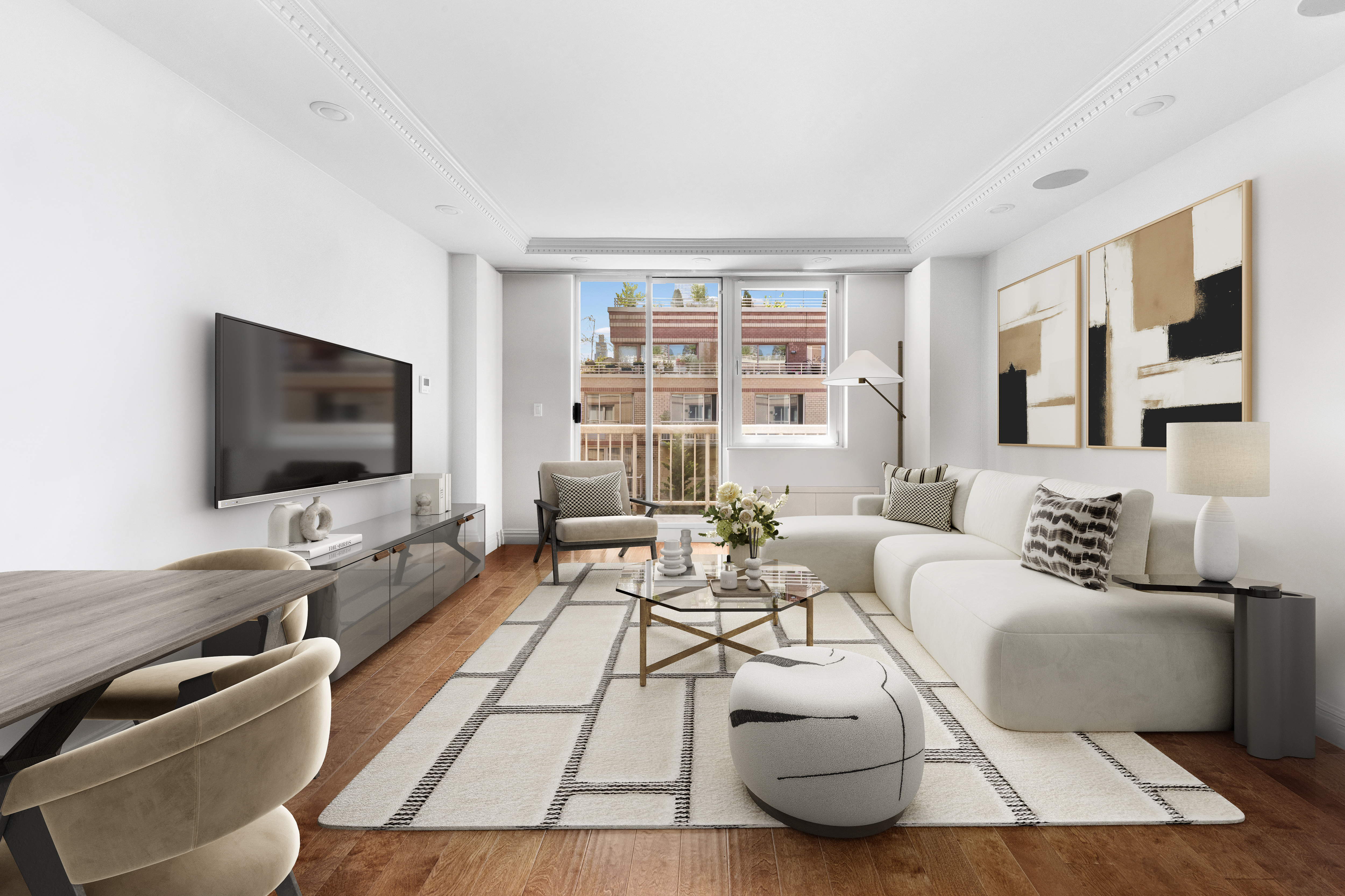 393 West 49th Street, Unit 5NN Manhattan, NY 10019 - Photo 2 of 13 a living room with furniture and a flat screen tv