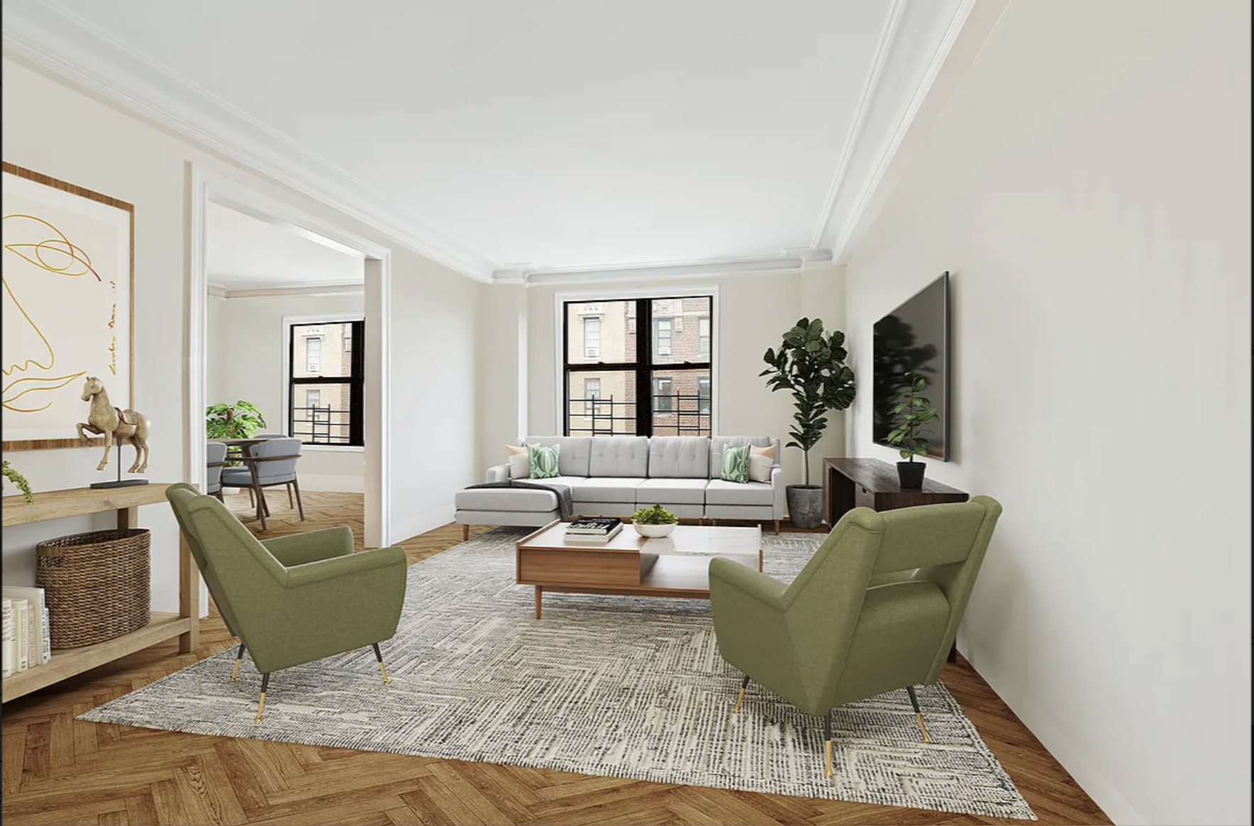 905 West End Avenue, Unit 112 Manhattan, NY 10025 - Photo 1 of 12 a living room with furniture and a flat screen tv