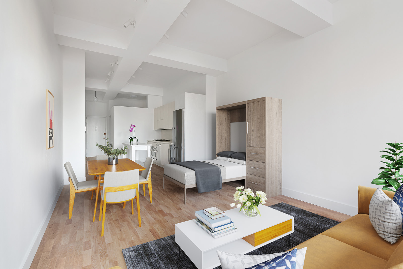 a living room with furniture and wooden floor