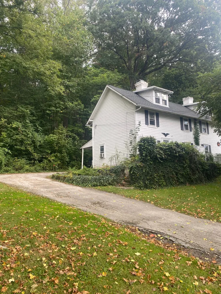 a front view of a house with yard and green space