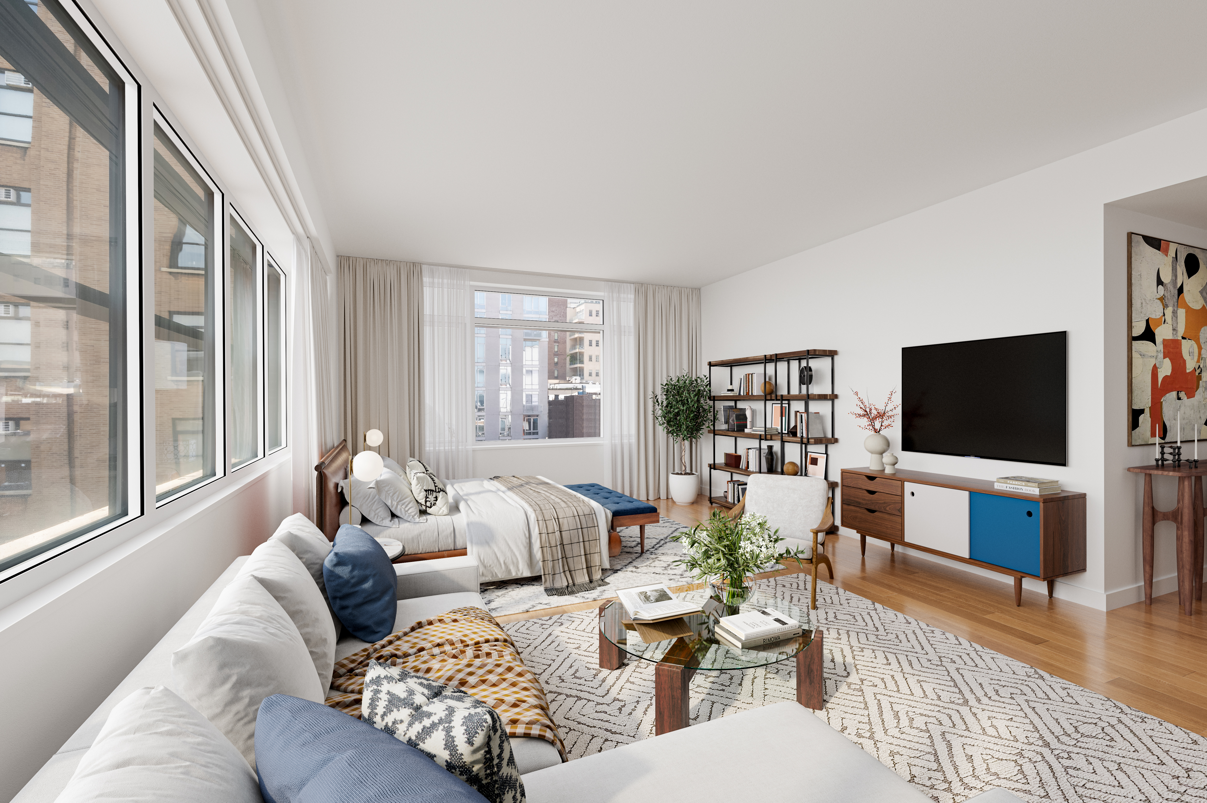 84 White Street, Unit 11D Manhattan, NY 10013 - Photo 2 of 6 a living room with furniture a flat screen tv and a large window