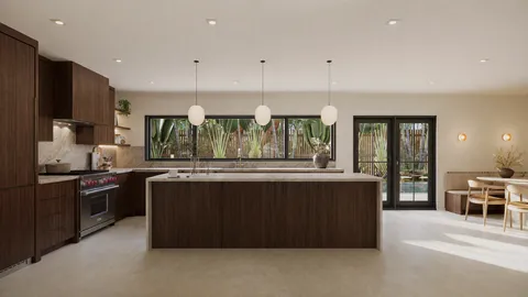 a kitchen with stainless steel appliances granite countertop a stove a sink and a refrigerator