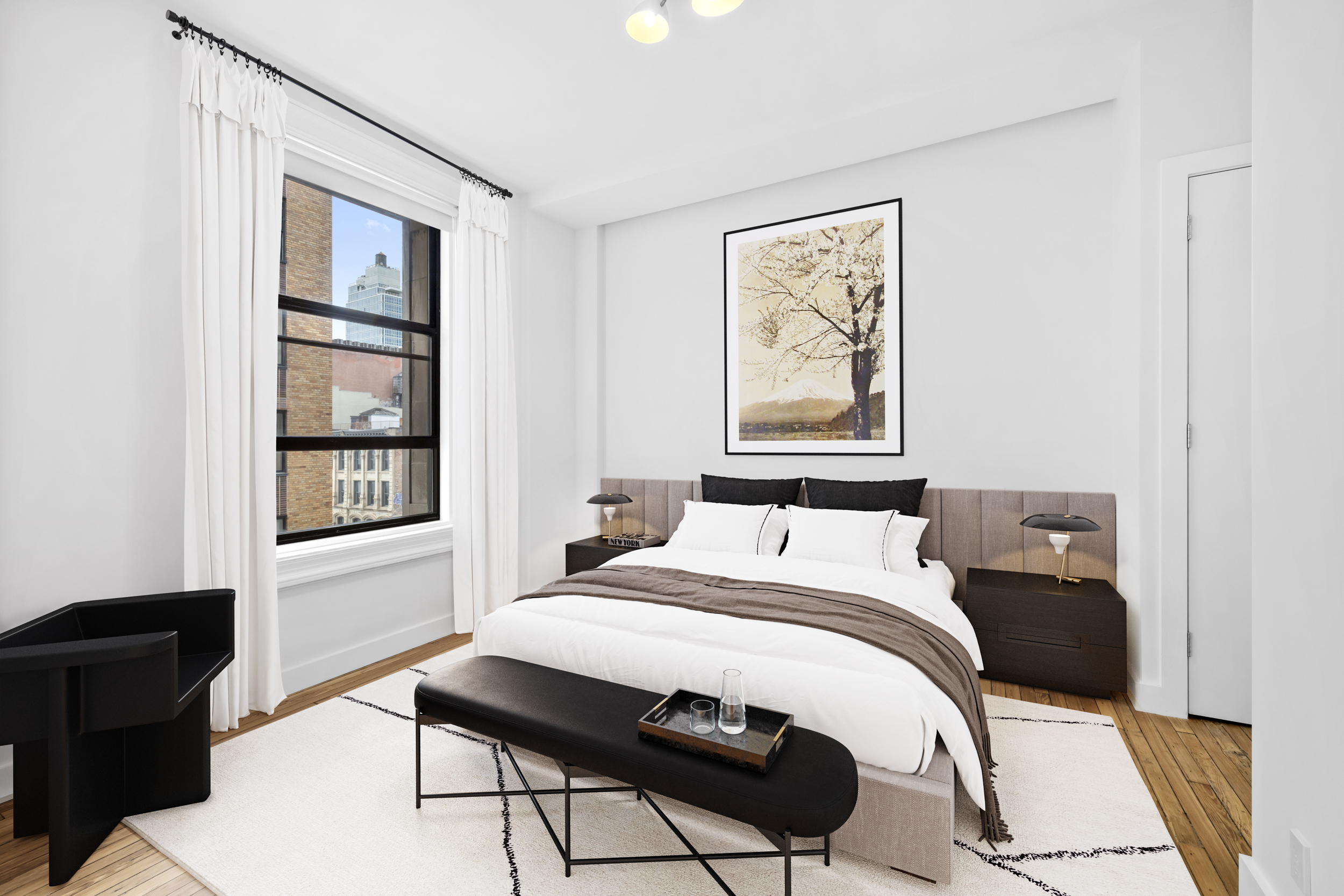 395 Broadway, Unit 5B Manhattan, NY 10013 - Photo 12 of 13 a bedroom with a bed and wooden floor