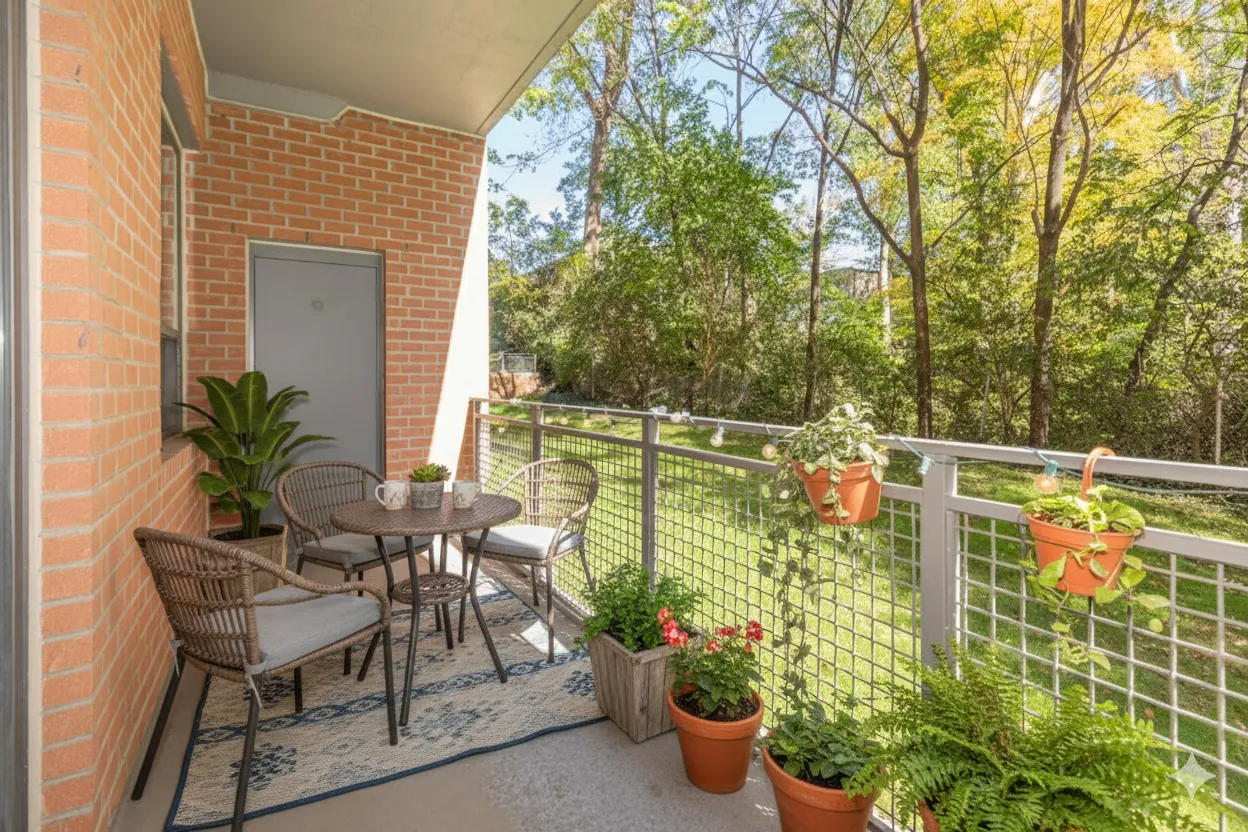a view of a chairs and table in backyard
