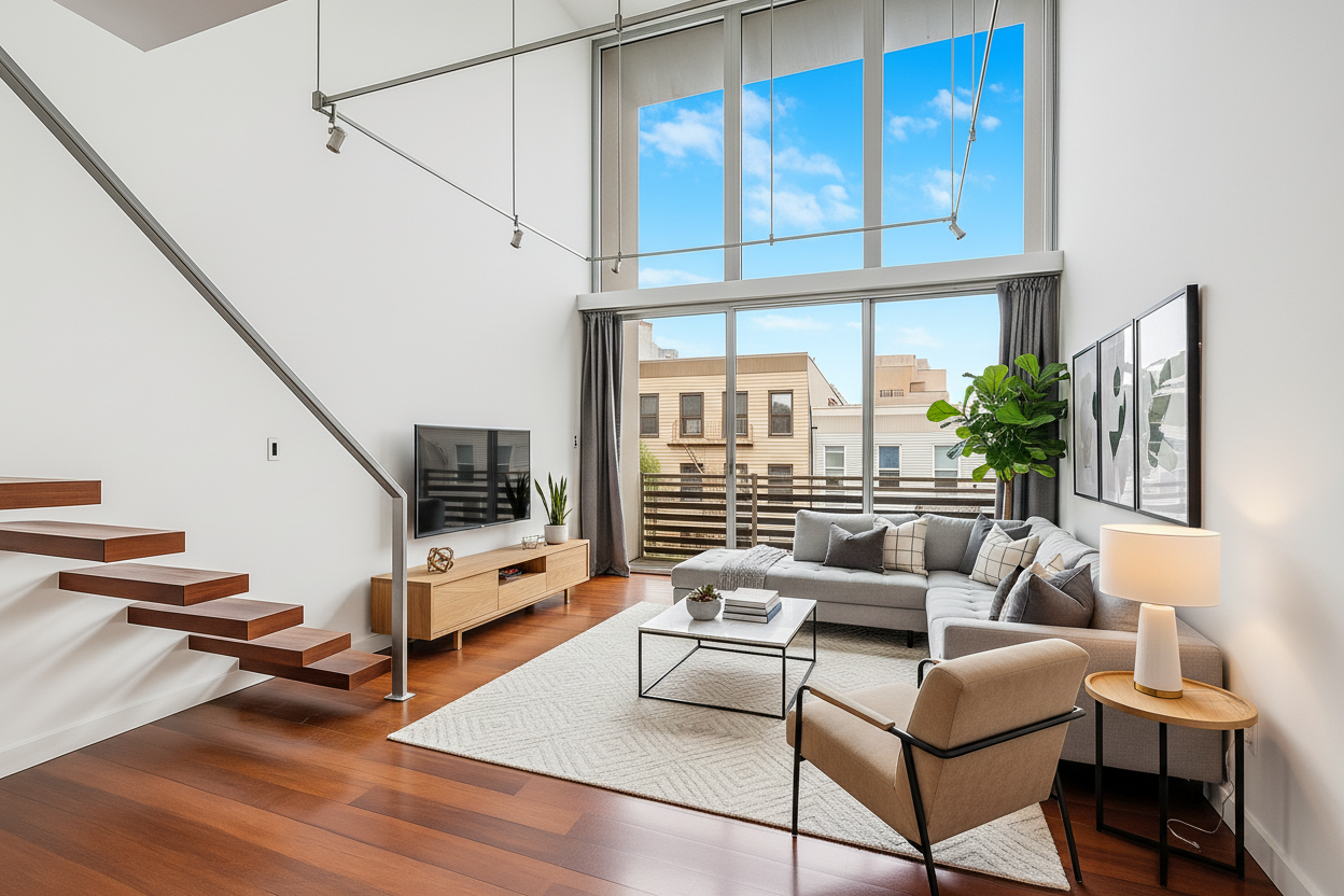 a living room with furniture a flat screen tv and floor to ceiling window