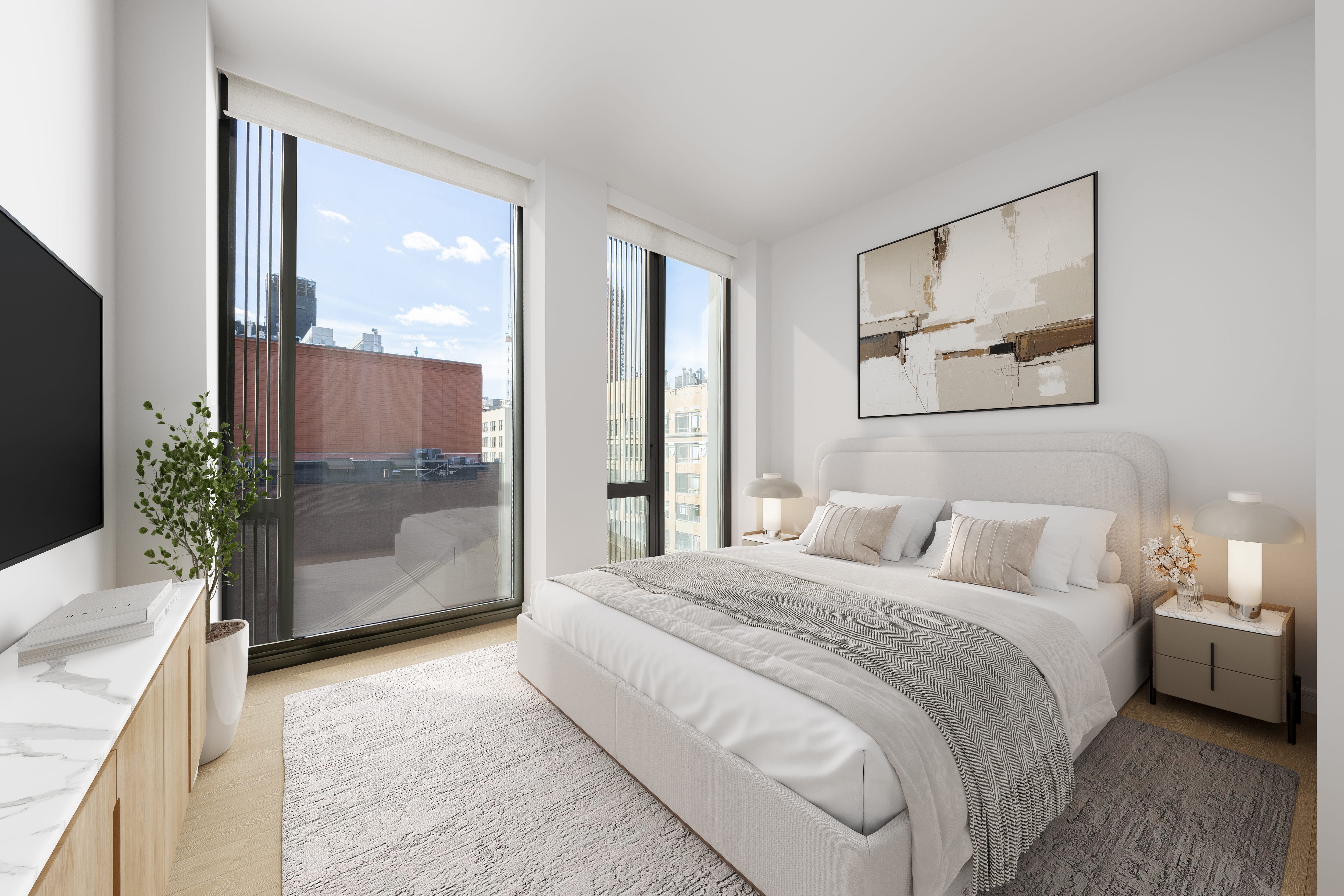 100 Barrow Street, Unit 9A Manhattan, NY 10014 - Photo 10 of 12 a bedroom with a large bed and a chandelier