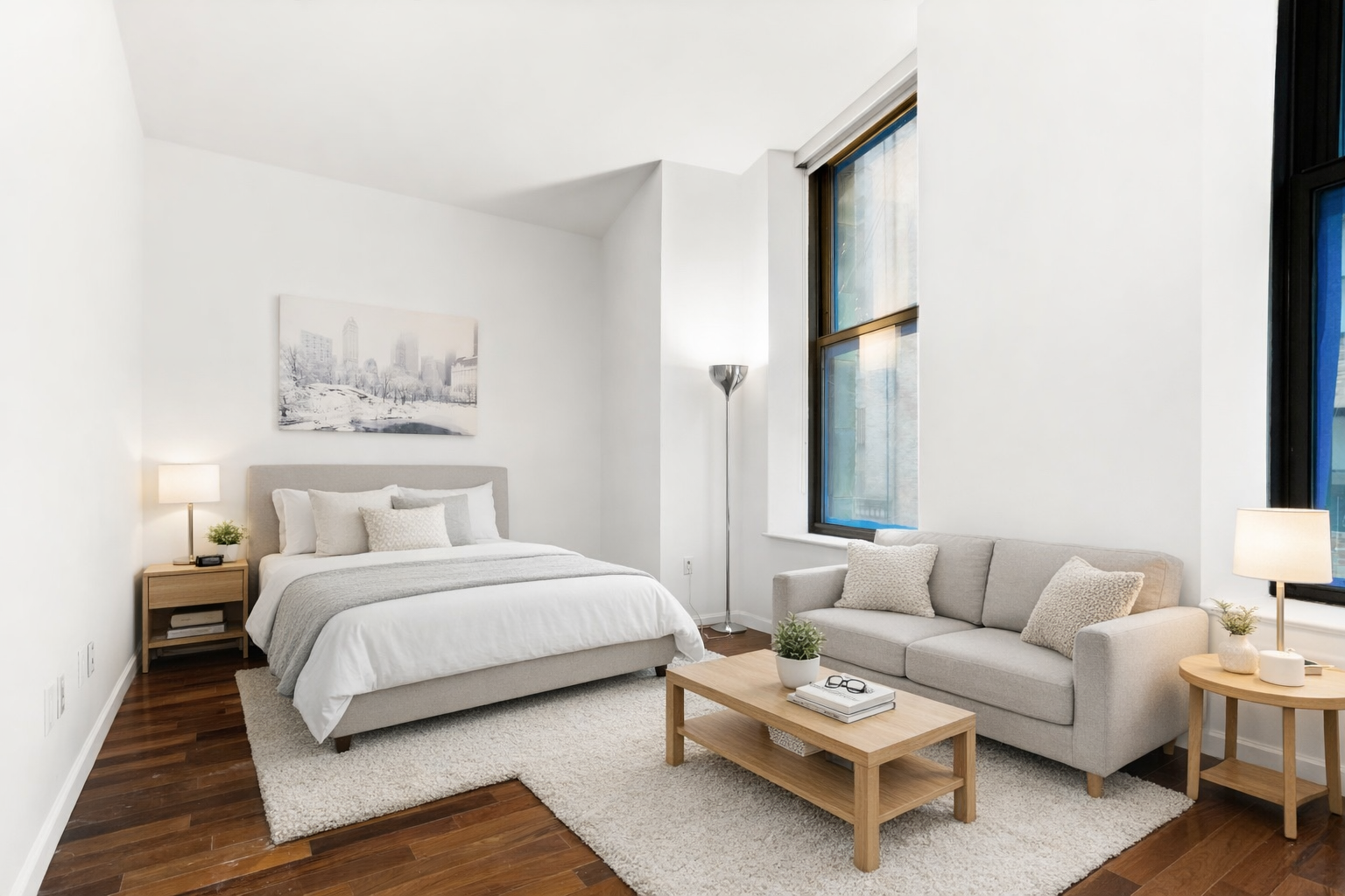 1 Wall Street Court, Unit 506 Manhattan, NY 10005 - Photo 1 of 8 a bedroom with a bed couch and a window