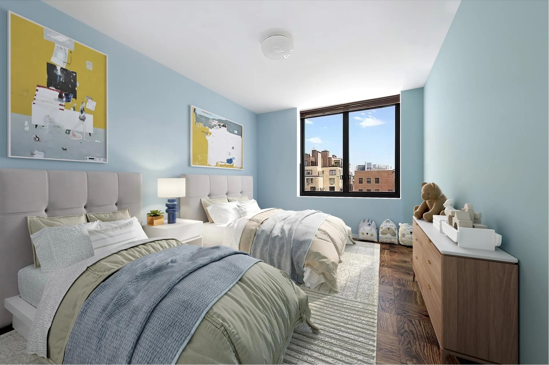 115 East 87th Street, Unit 18A Manhattan, NY 10128 - Photo 7 of 13 a bedroom with two beds and a window with wooden floor