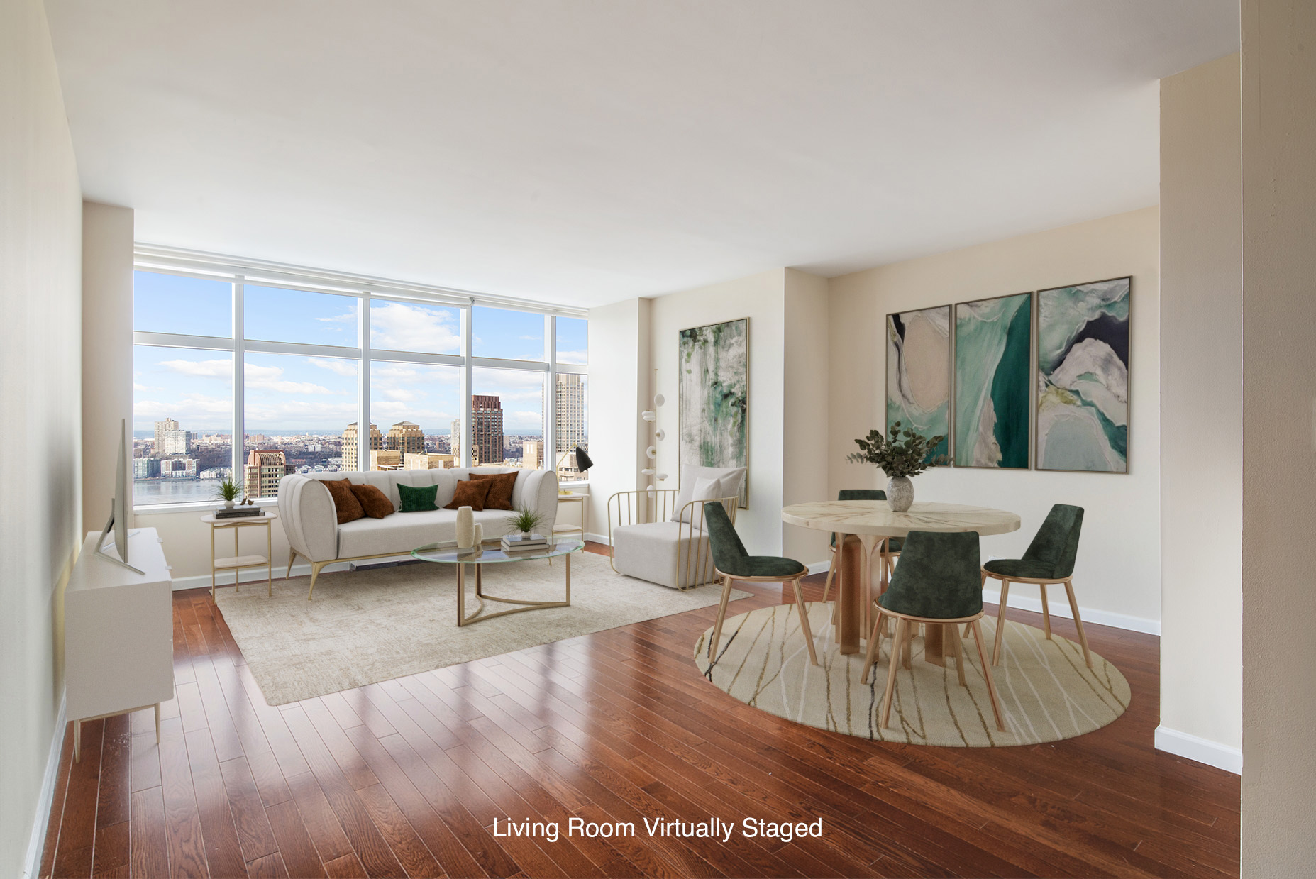 160 West 66th Street, Unit 33A Manhattan, NY 10023 - Photo 4 of 11 a living room with fireplace furniture and a large window