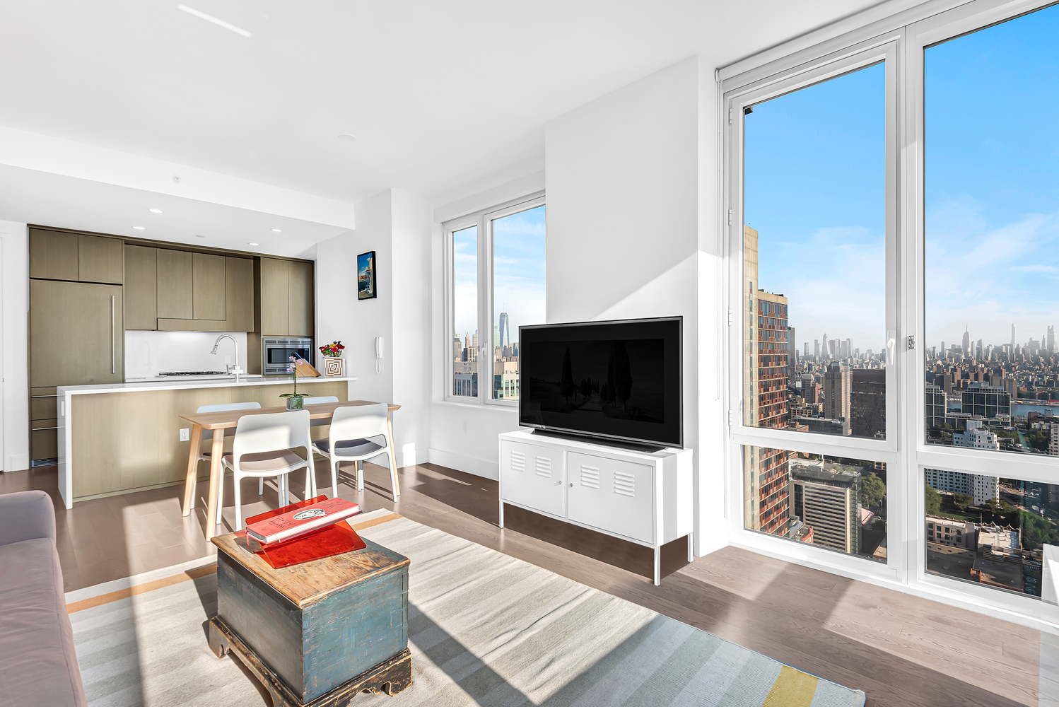 388 Bridge Street, Unit 42G Brooklyn, NY 11201 - Photo 3 of 26 a living room with furniture and a flat screen tv