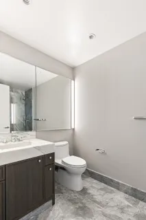 a bathroom with a sink a toilet a mirror and vanity