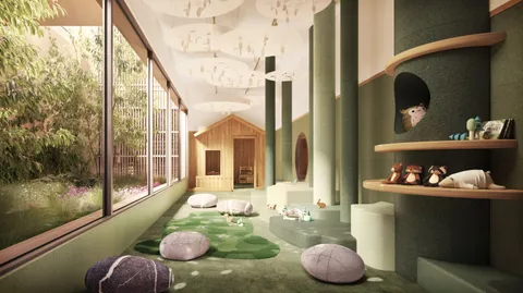 a room with furniture and a floor to ceiling window