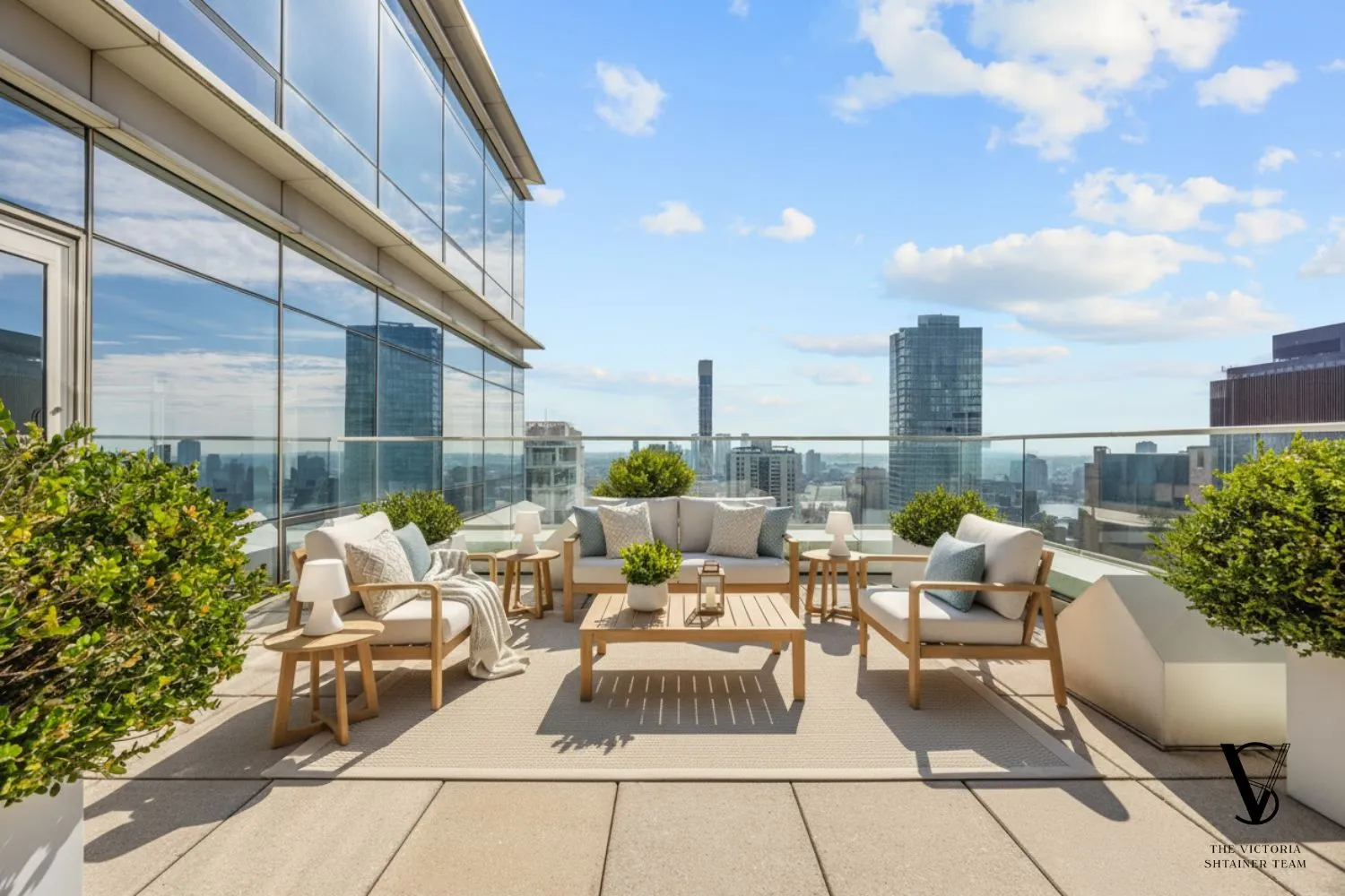 a view of a terrace with furniture and a potted plant