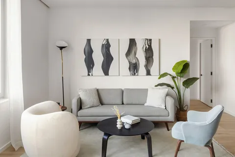 a living room with furniture and a potted plant