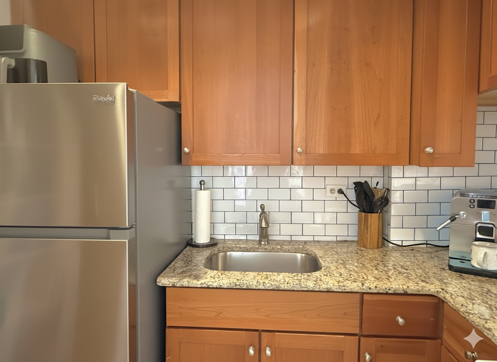 200 East 27th Street, Unit 11H Manhattan, NY 10016 - Photo 4 of 9 a kitchen with granite countertop cabinets and refrigerator